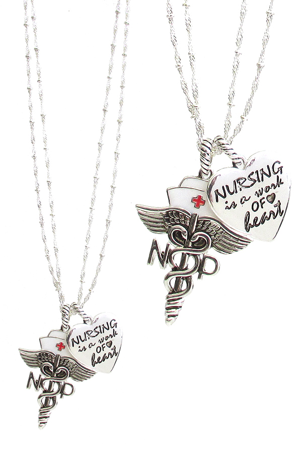 INSPIRATION NURSE THEME PENDANT NECKLACE - NURSING IS A WORK OF HEART