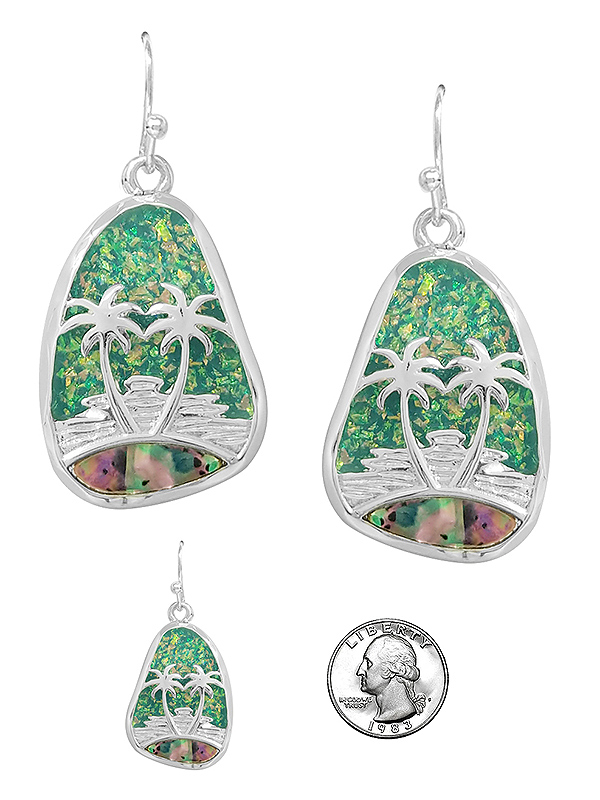 TROPICAL THEME ABALONE AND OPAL MIX EARRING - PALM TREE