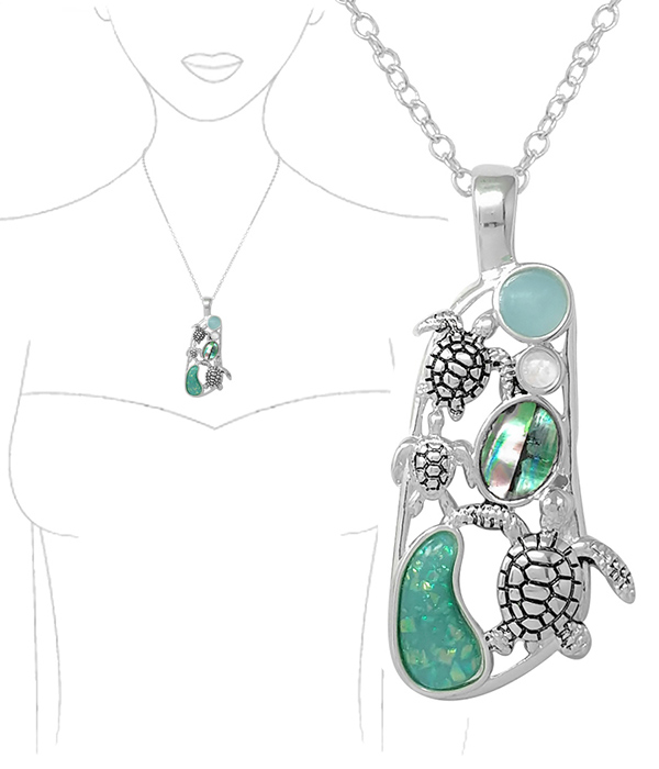 SEALIFE THEME ABALONE OPAL AND SEAGLASS MIX NECKLACE - TURTLE