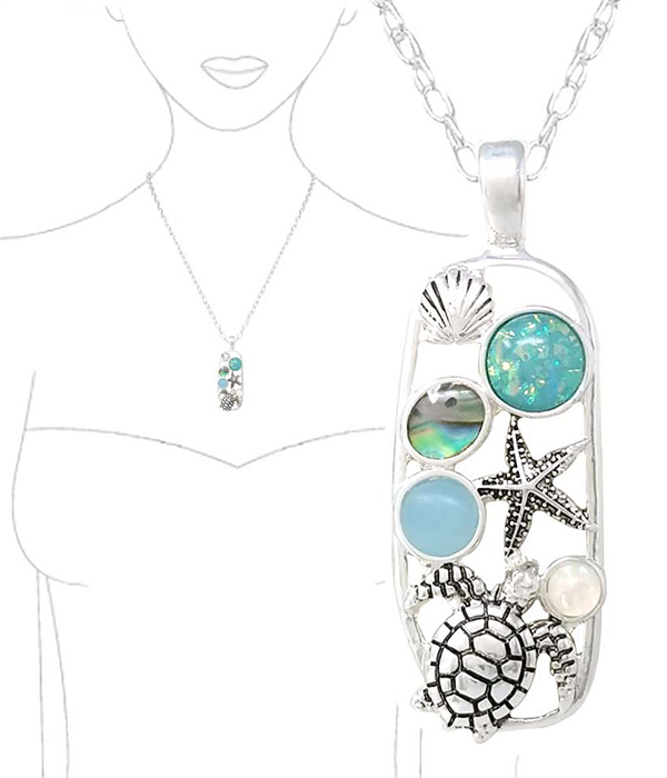 SEALIFE THEME ABALONE OPAL AND SEAGLASS MIX NECKLACE - TURTLE STARFISH SHELL