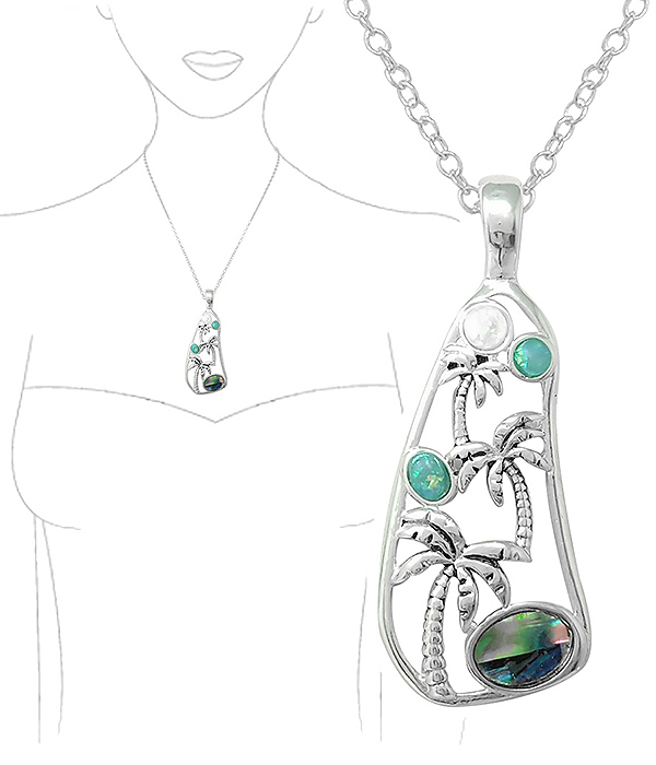 TROPICAL THEME ABALONE OPAL AND SEAGLASS MIX NECKLACE - PALM TREE