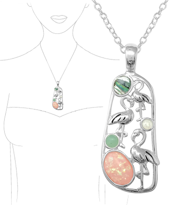 TROPICAL THEME ABALONE OPAL AND SEAGLASS MIX NECKLACE - FLAMINGO