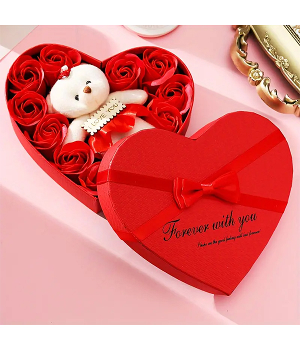 Valentine flower soap and teddy bear set in heart box