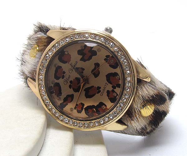 Crystal deco frame and facet glass face with animal pattern fur band watch