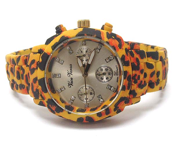 ROUND FACE CRYSTAL FRAME ANIMAL PATTERN RUBBERIZED PLATING METAL BAND WATCH