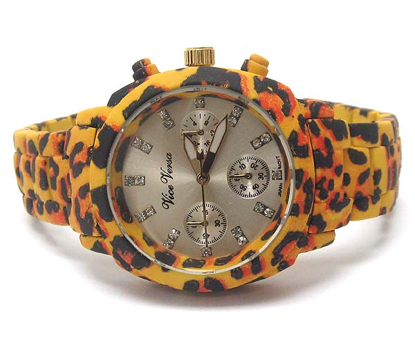 Round face crystal frame animal pattern rubberized plating metal band watch