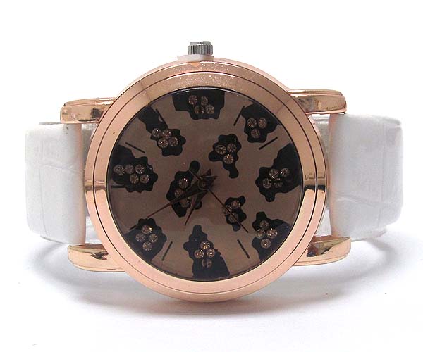 ROUND FRAME CRYSTAL FACE ANIMAL PRINT LEATHER BAND WATCH