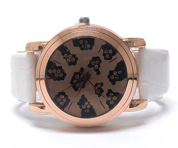 Round frame crystal face animal print leather band watch
