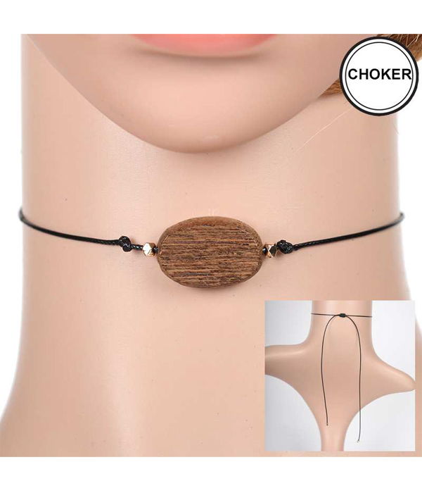 OVAL WOOD WAX CORD PULL TIE CHOKER NECKLACE