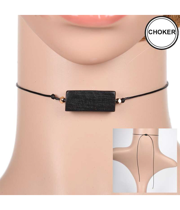 SQUARE WOOD WAX CORD PULL TIE CHOKER NECKLACE