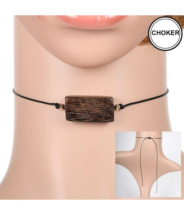 SQUARE WOOD WAX CORD PULL TIE CHOKER NECKLACE