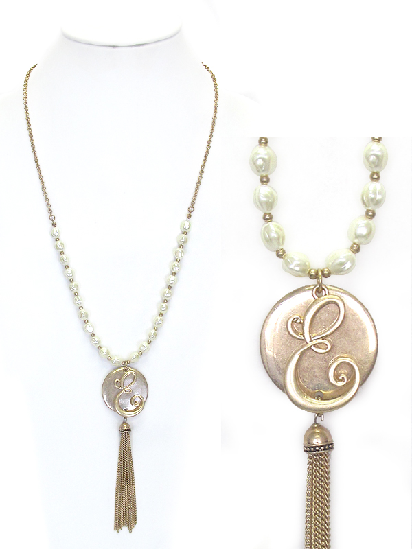 MONOGRAM AND TASSEL DROP LONG PEARL NECKLACE - E