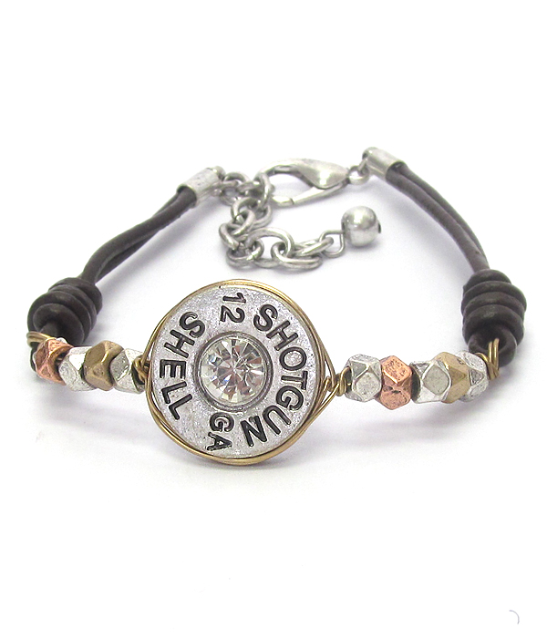 Crystal center bullet and metal bead leatherette cord bracelet