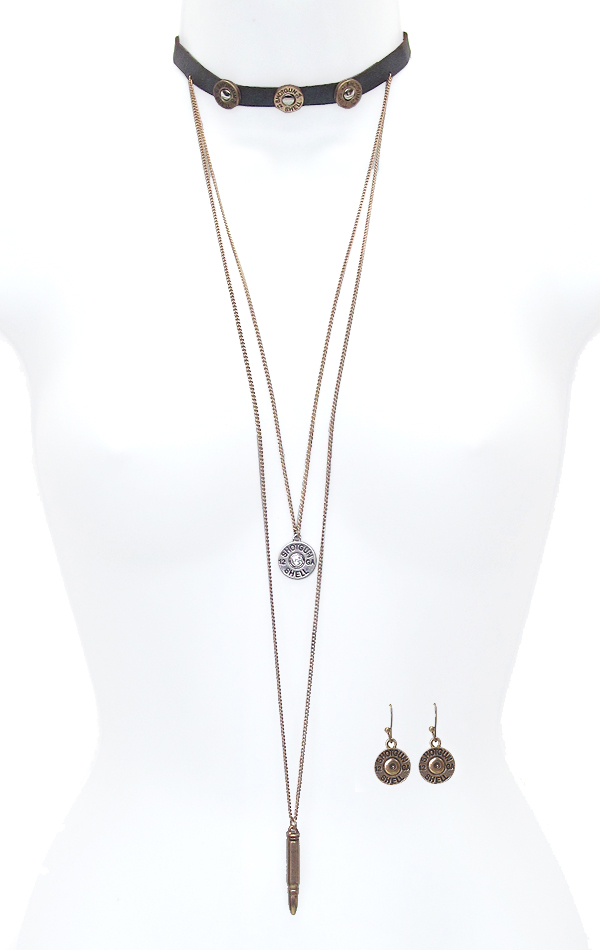 Bullet theme double layer drop leatherette choker necklace set