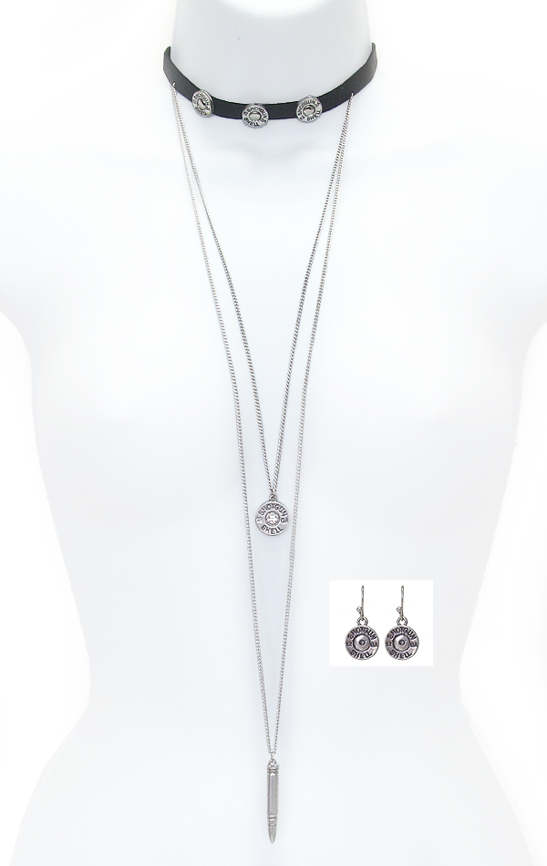 Bullet theme double layer drop leatherette choker necklace set