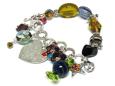 Genuine glass art beads and crystal star and heart charm stretch bracelet