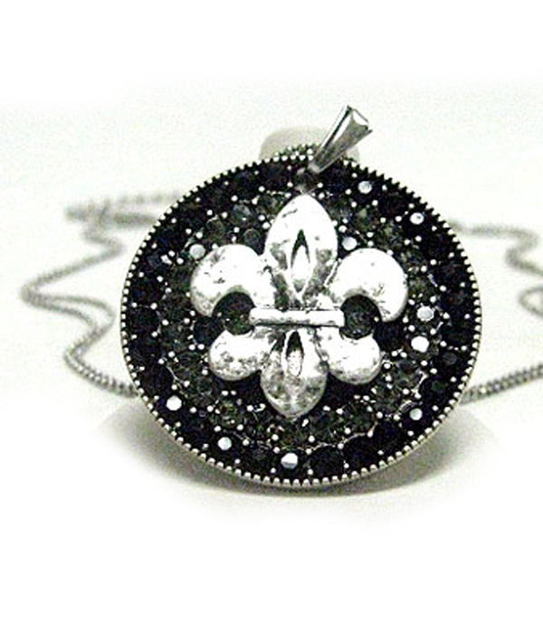 Hammered metal fleur de lis crystal round pendant necklace