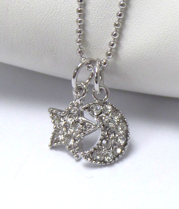 Made in korea whitegold plating moon with crytals and star dual pendant necklace