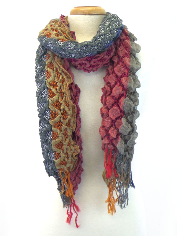 Multi pattern fluffy tassel scarf