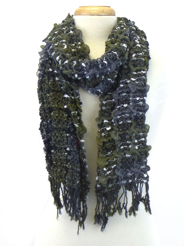 Multi pattern fluffy tassel scarf