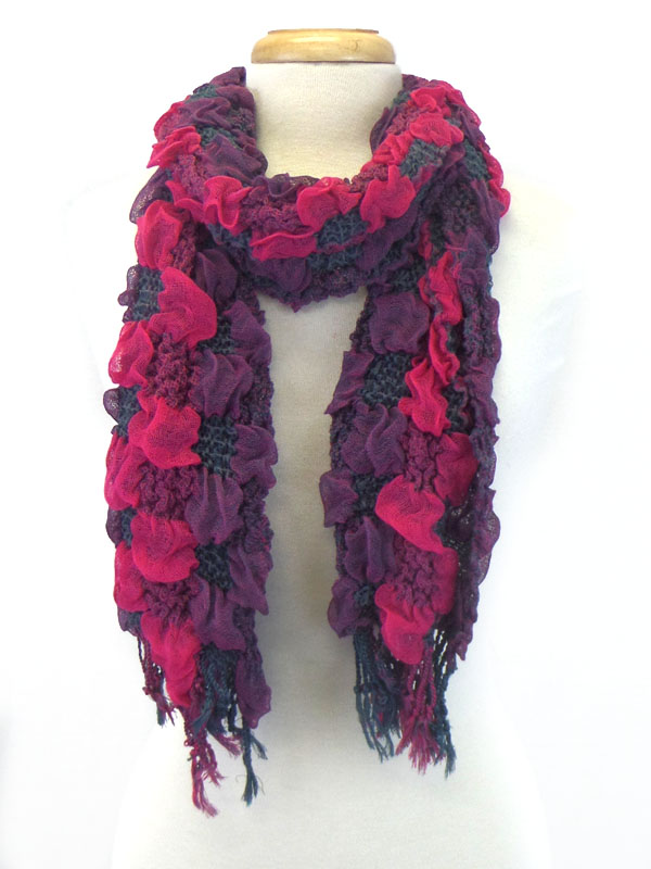 Multi pattern fluffy tassel scarf