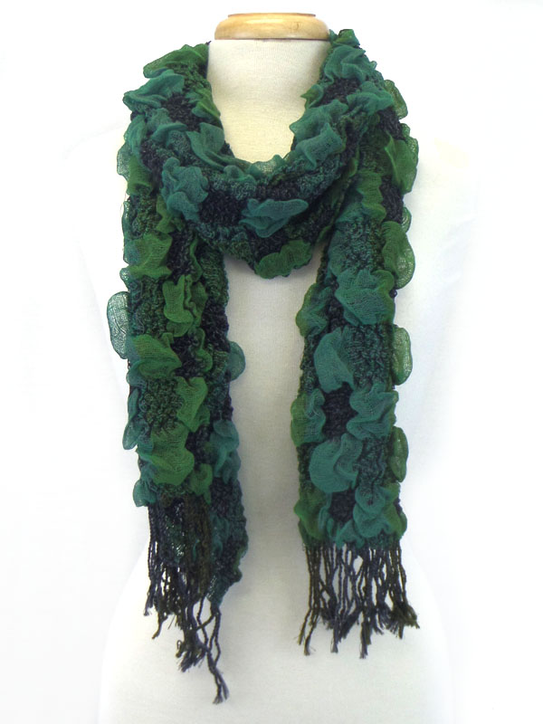 Multi pattern fluffy tassel scarf