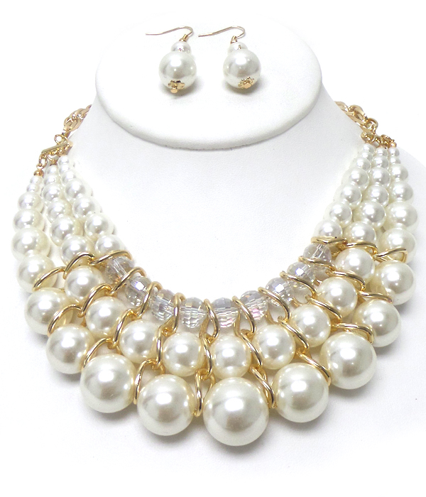 Three layer pearl linked necklace set 