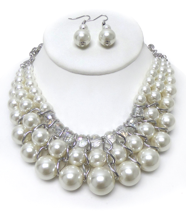 Three layer pearl linked necklace set 