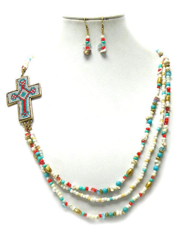 Layers of seed beads with cross necklace set