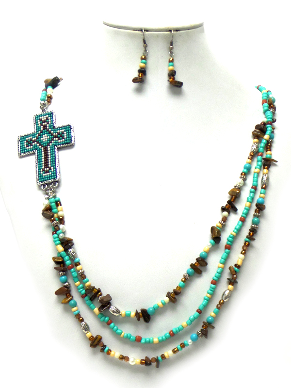 Layers of seed beads with cross necklace set