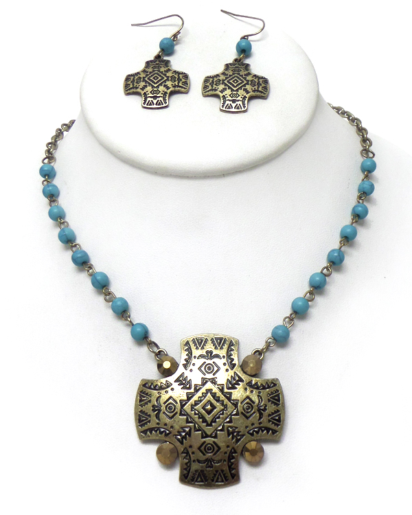 Turquoise stone with metal cross necklace set 