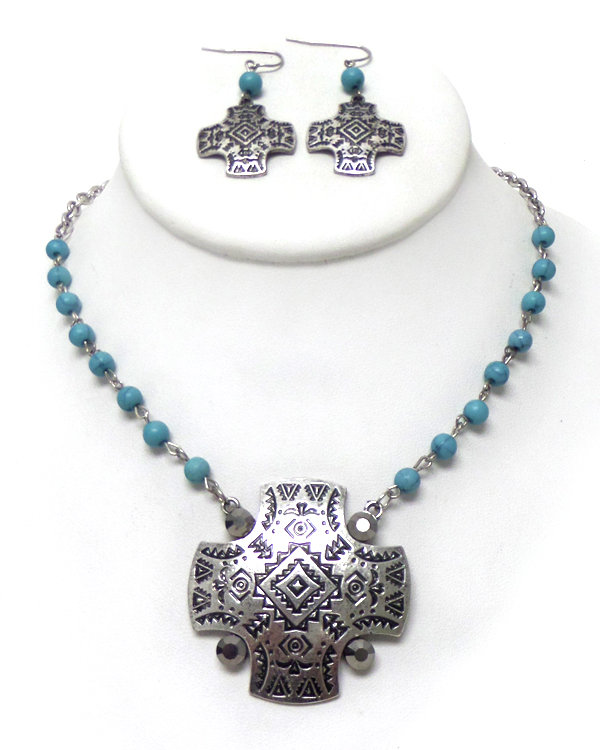 Turquoise stone with metal cross necklace set 