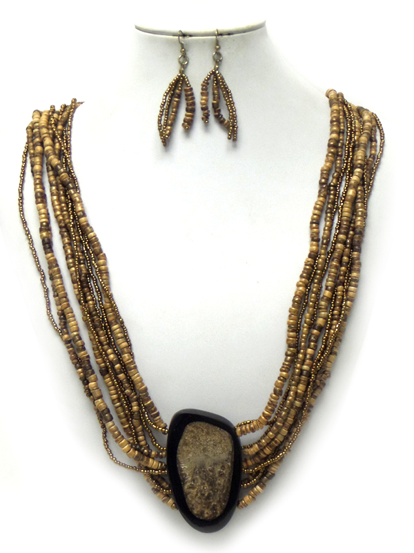 Layers of seed beads with stone pendant necklace set