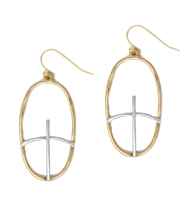 CURVED CROSS AND OVAL EARRING