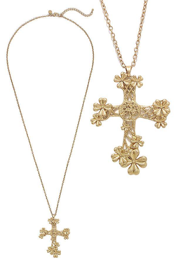 Floral cross pendant long necklace