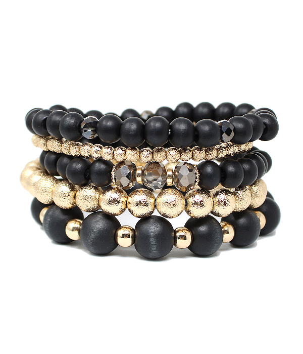 MULTI WOOD BEAD MIX STACKABLE STRETCH BRACELET SET