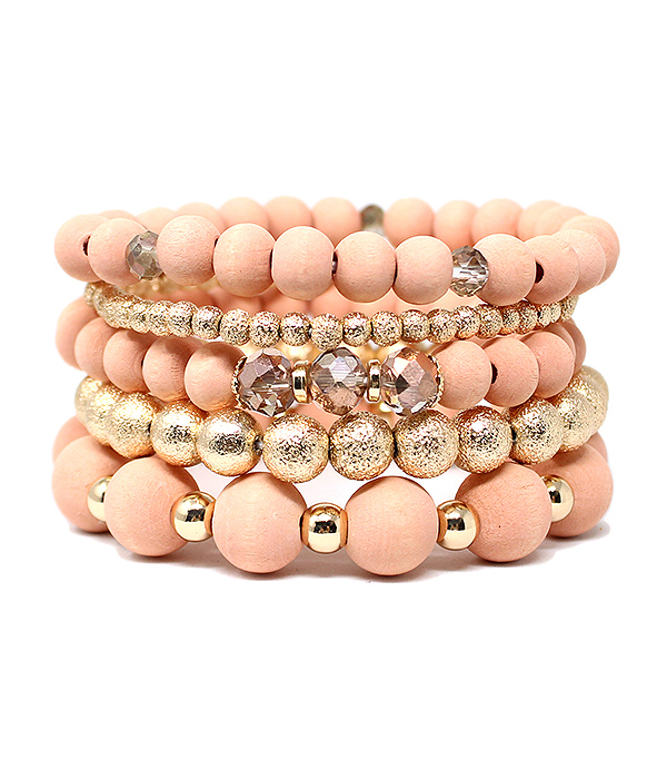 Multi wood bead mix stackable stretch bracelet set