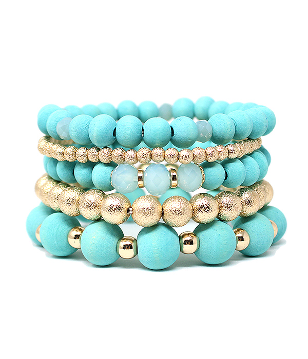 Multi wood bead mix stackable stretch bracelet set