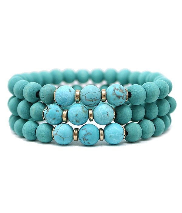 Multil wood and stone bead mix stretch braclet set