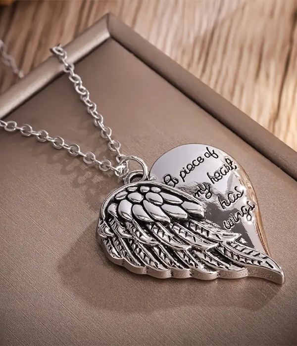 Angel wing and heart pendant necklace