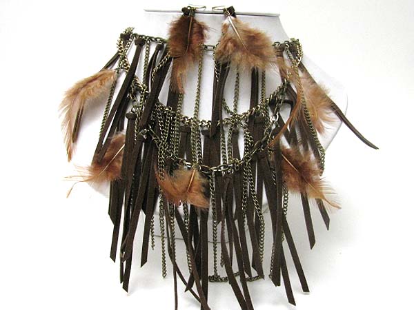 MULTI LAYER FEATHER AND SUEDE DROP NECKLACE EARRING SET