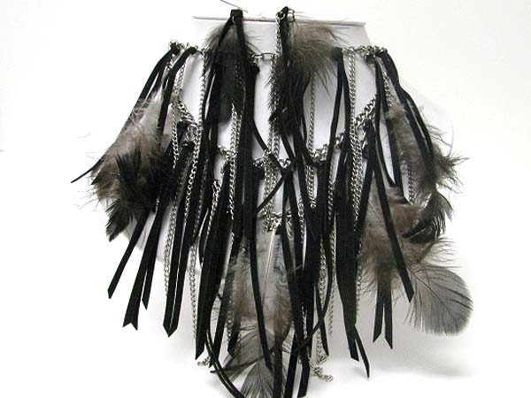 Multi layer feather and suede drop necklace earring set