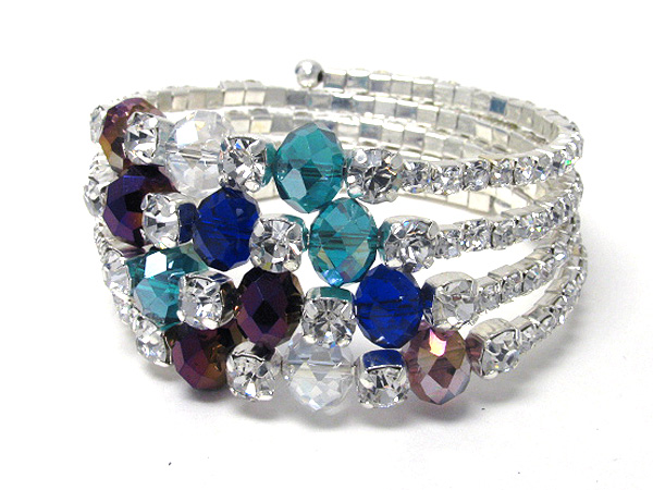 Crystal and facet glass stone beads coiled stretch bracelet