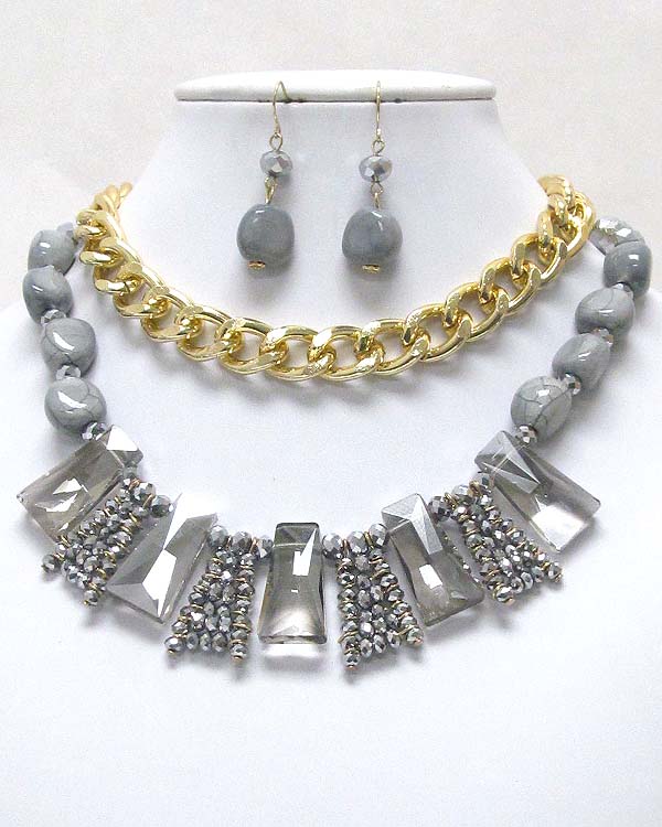 Facet glass bead and square link and electro plating chain boutique necklace earring set