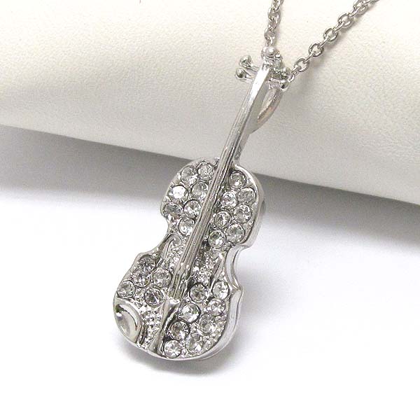 Geneuine rhodium  plating crystal deco violin pendant necklace