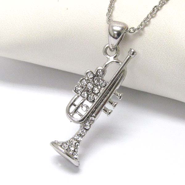 Geneuine rhodium  plating crystal deco trumpet pendant necklace