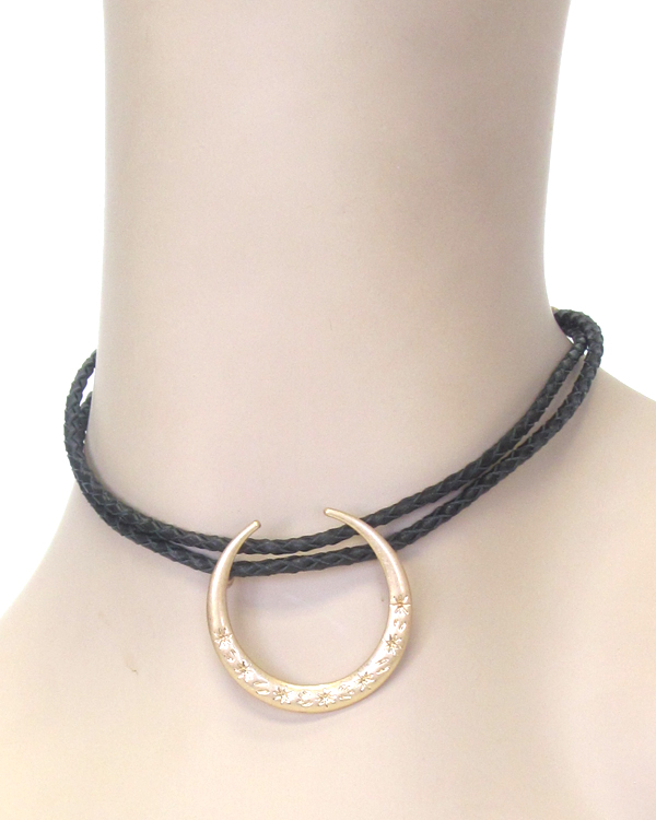 Double layer leatherette cord and crescent pendant choker necklace