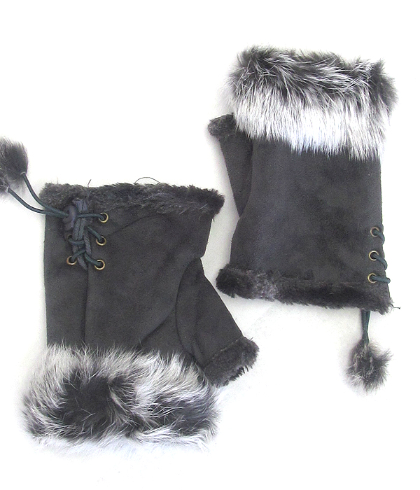 Faux rabbit fur open fingertip mitten gloves