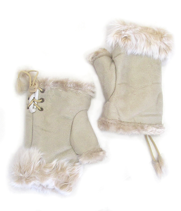 Faux rabbit fur open fingertip mitten gloves