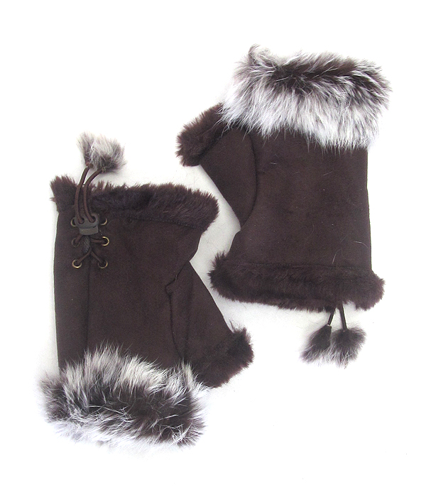 Faux rabbit fur open fingertip mitten gloves